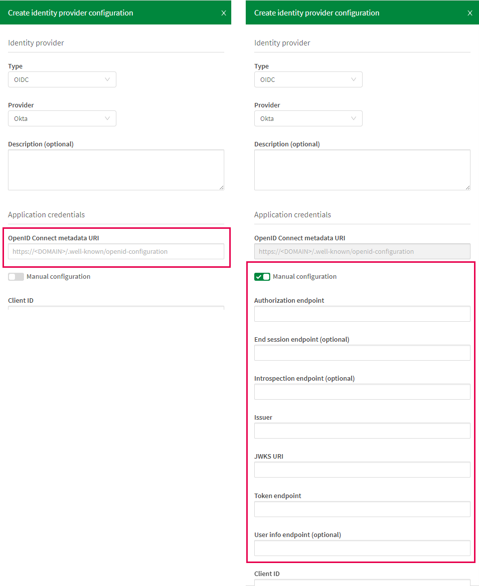 Volets de configuration affichés avec et sans l'utilisation d'une URL de découverte.