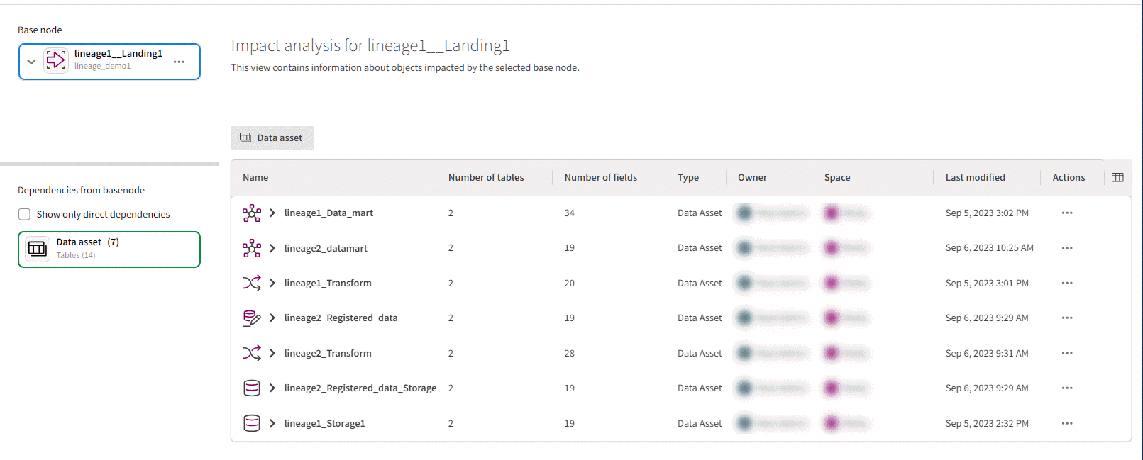 Vue synthétique Analyse de l'impact affichant les champs dépendants d'une application