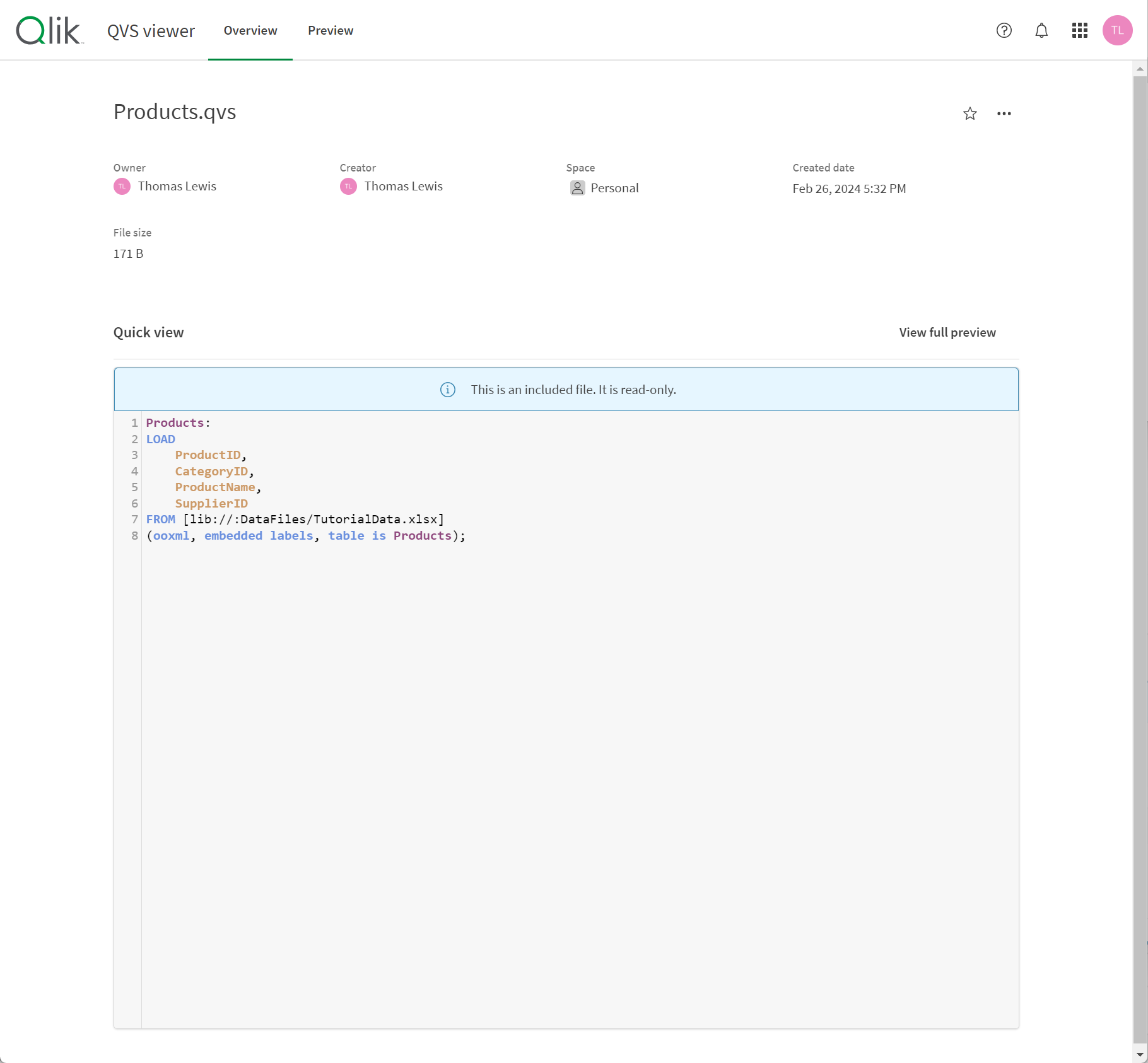 Vue d'ensemble du fichier QVS Product.qvs, affichant des informations QVS et un aperçu rapide du script.