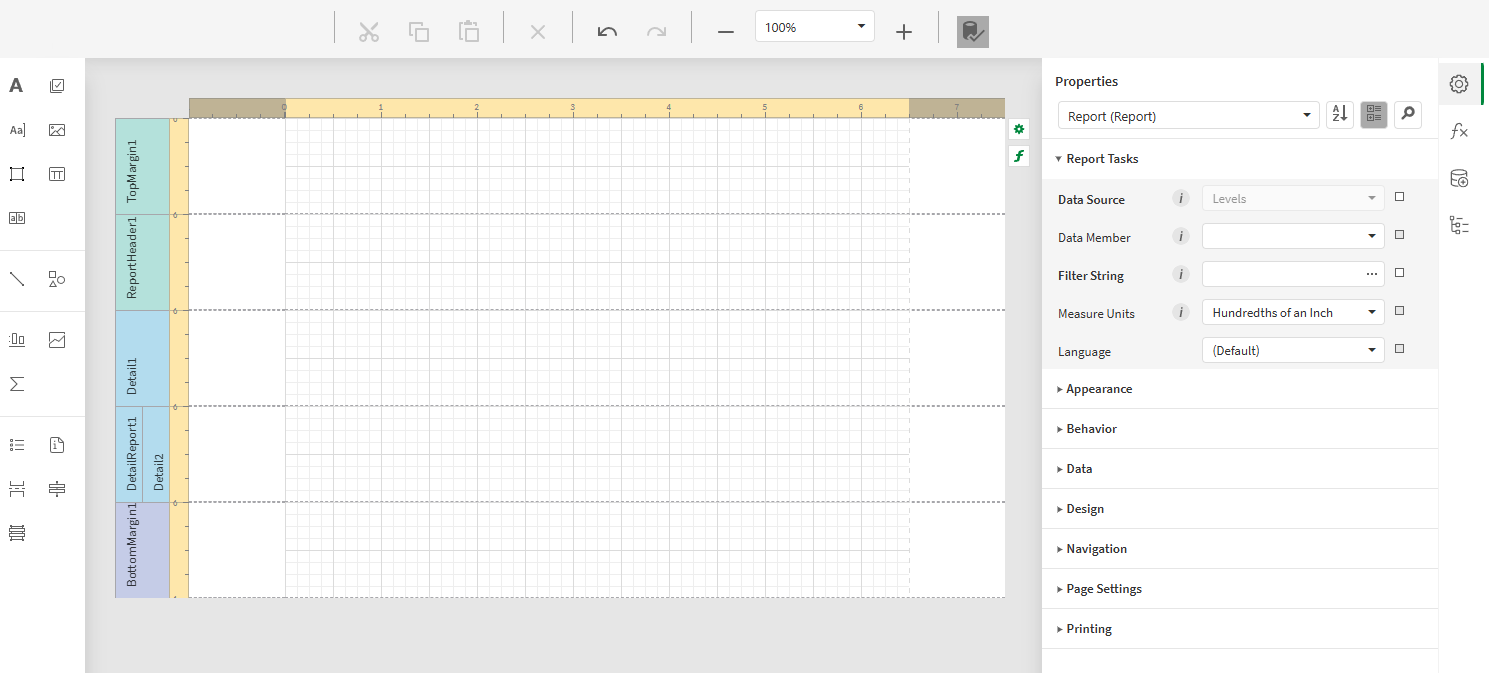 Cliquez pour voir en taille réelle An image of the PixelPerfect designer, showing all elements that need to be mentioned, such as the design surface, toolbar, toolbox panel (left side), and the right side panel (in this case, Properties are expanded)