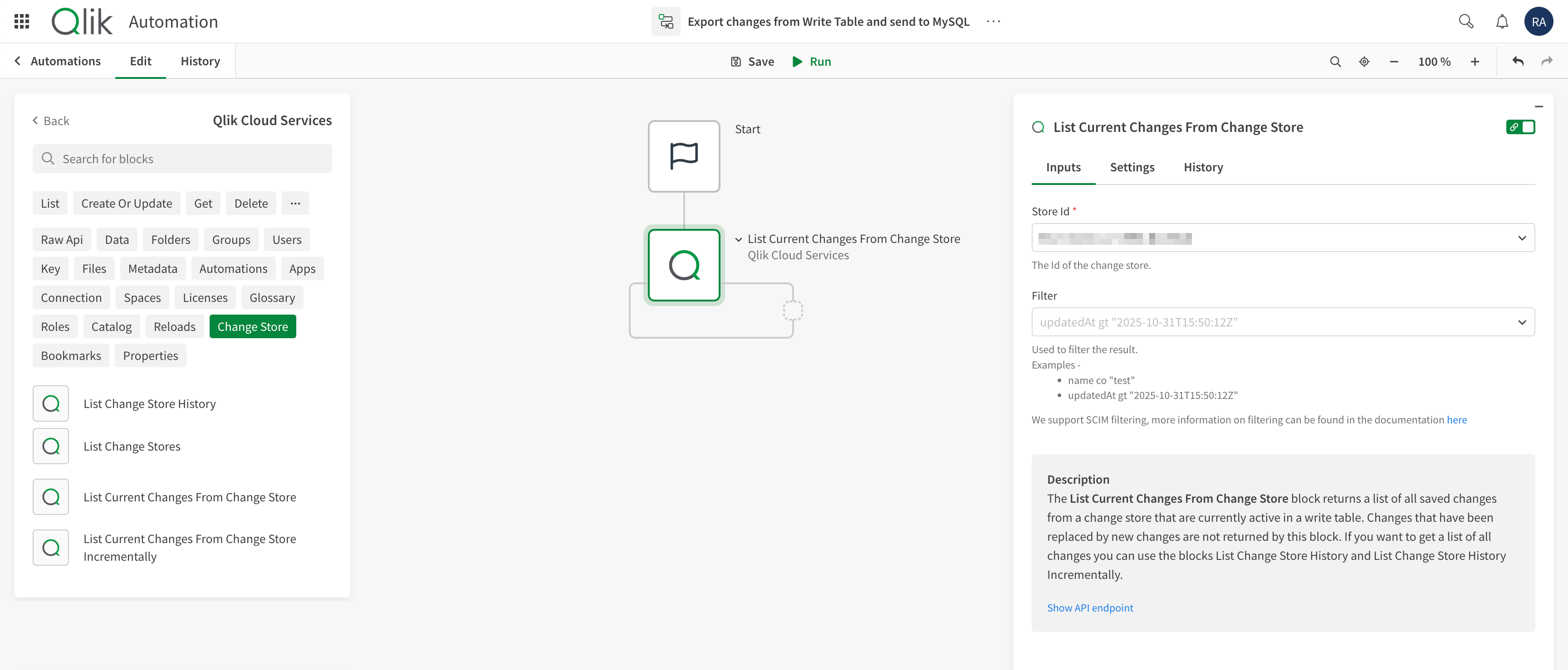 Automatisation avec les blocs de connecteur disponibles pour interagir avec les stores de modifications des tables d'annotations