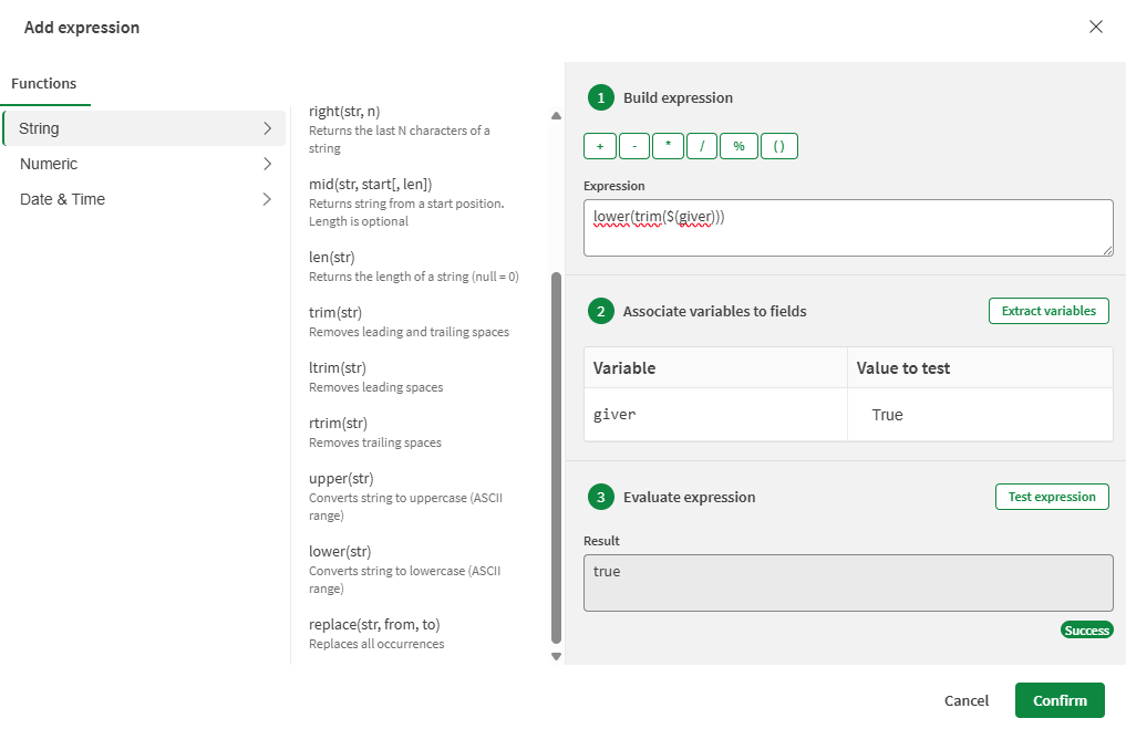 Test d'une expression à partir de l'onglet Règles de validation