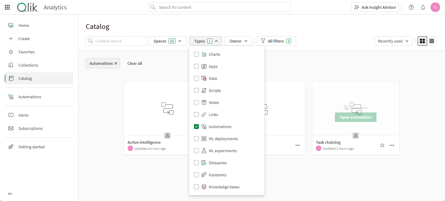 The catalog view from the cloud hub filtering for your automations