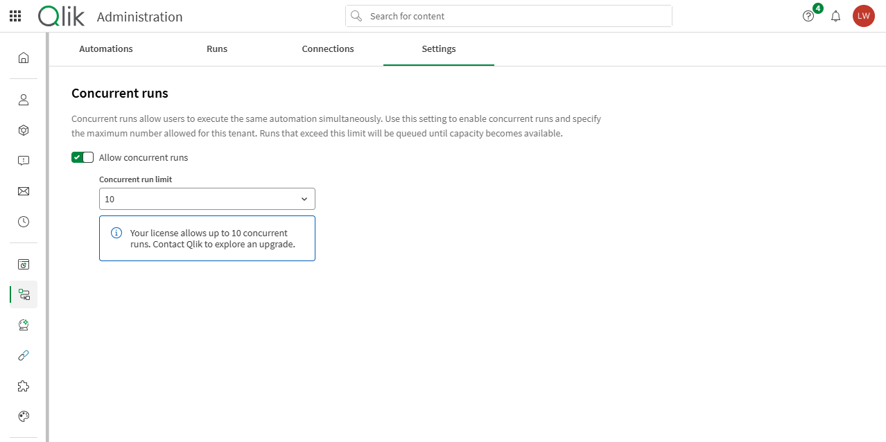 Automation settings in the tenant administaration section showing the options for concurrent automation runs.