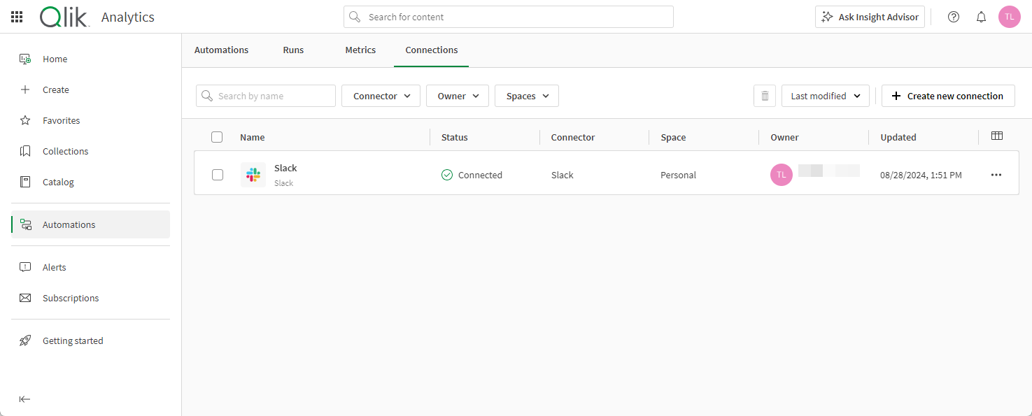 Qlik Application Automation connection section showing list of available connections