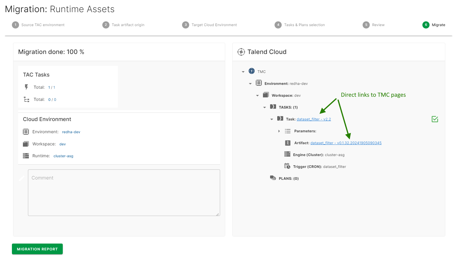 Étape de migration avec les liens directs vers la page Talend Management Console du plan sélectionné.