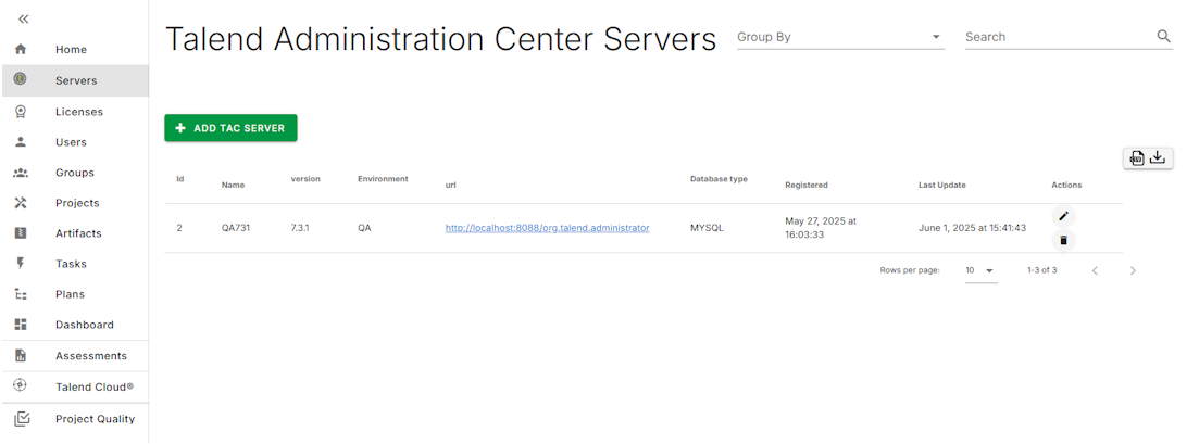Page des serveurs de Talend Administration Center avec le bouton d'export.