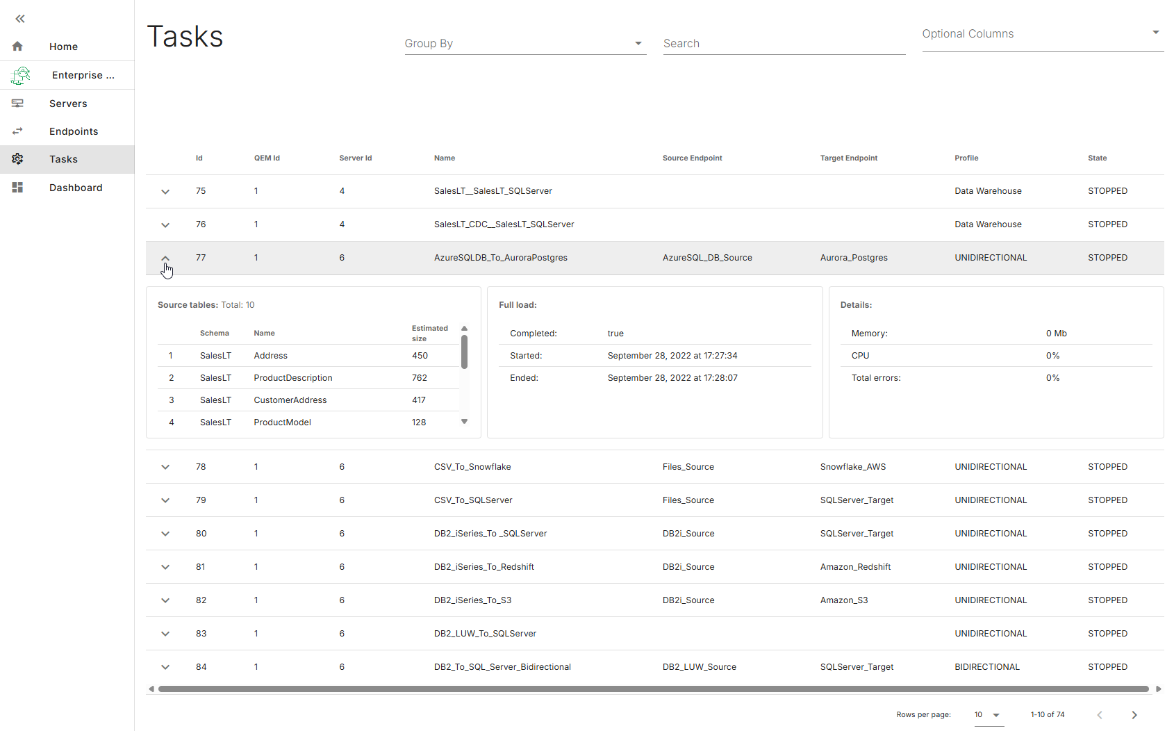 Page Tasks (Tâches).