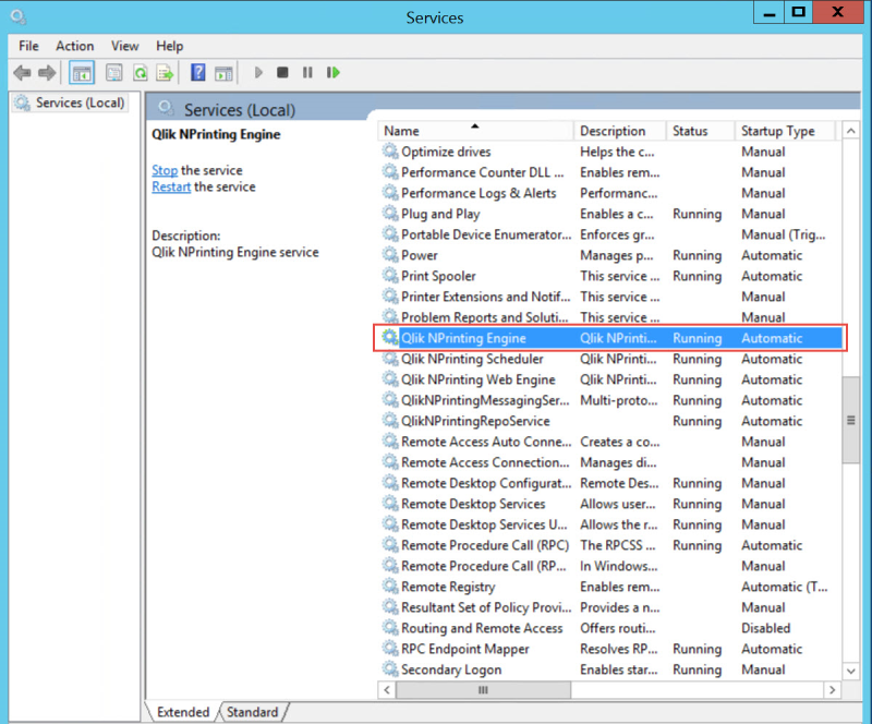 Écran Services Windows indiquant que le service de moteur est en cours d'exécution.