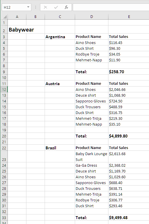 Excel preview showing top of report.