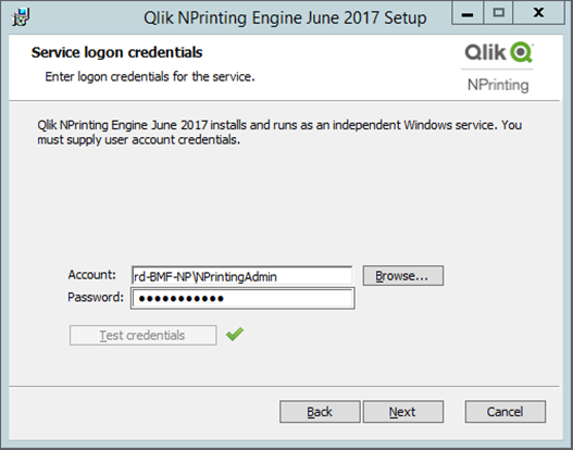 Écran d'informations d'identification de connexion au service Moteur Qlik NPrinting avec un exemple d'informations de compte.