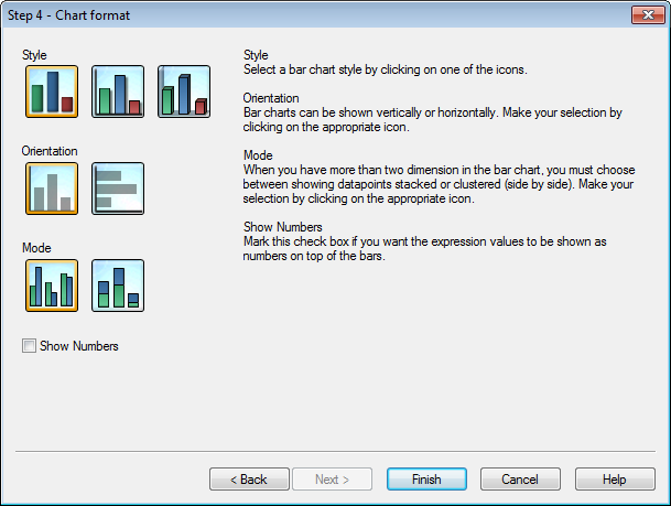 Step 4: Chart format (bar chart). The user can select a style, orientation, mode, and whether to show numbers.