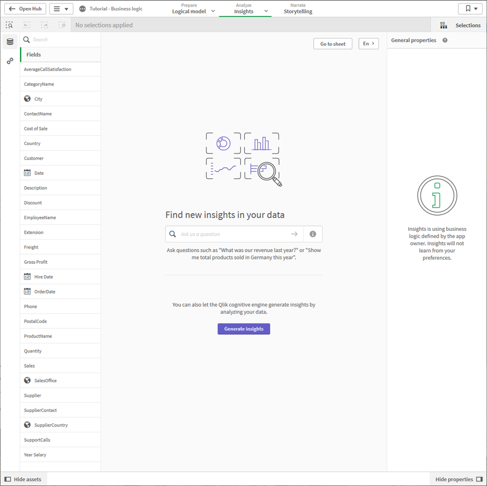 Click to view full size Insight advisor with business logic applied. The Assets panel has hidden many fields that were not relevant from analysis.