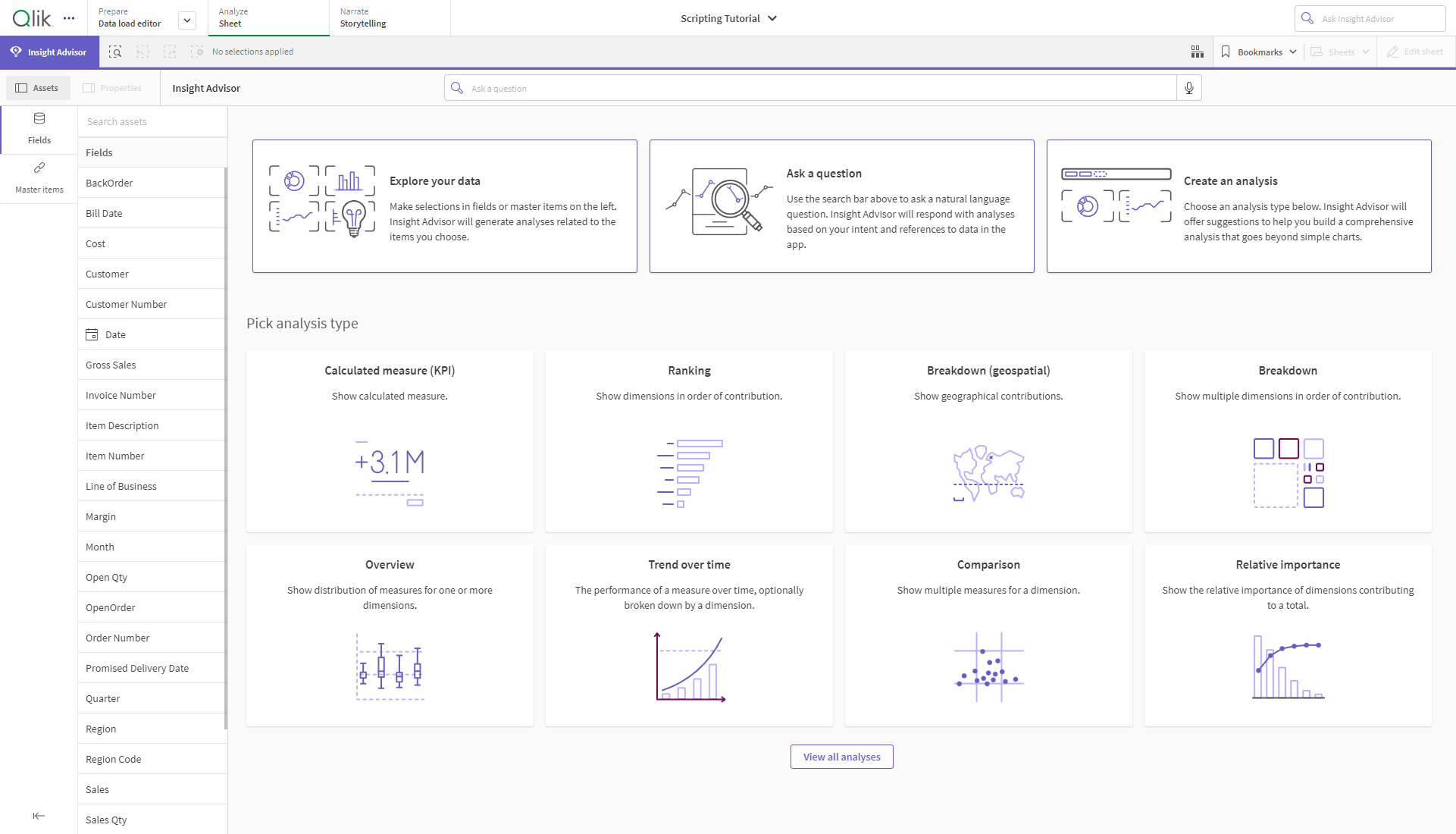 Insight Advisor ouvert dans une feuille