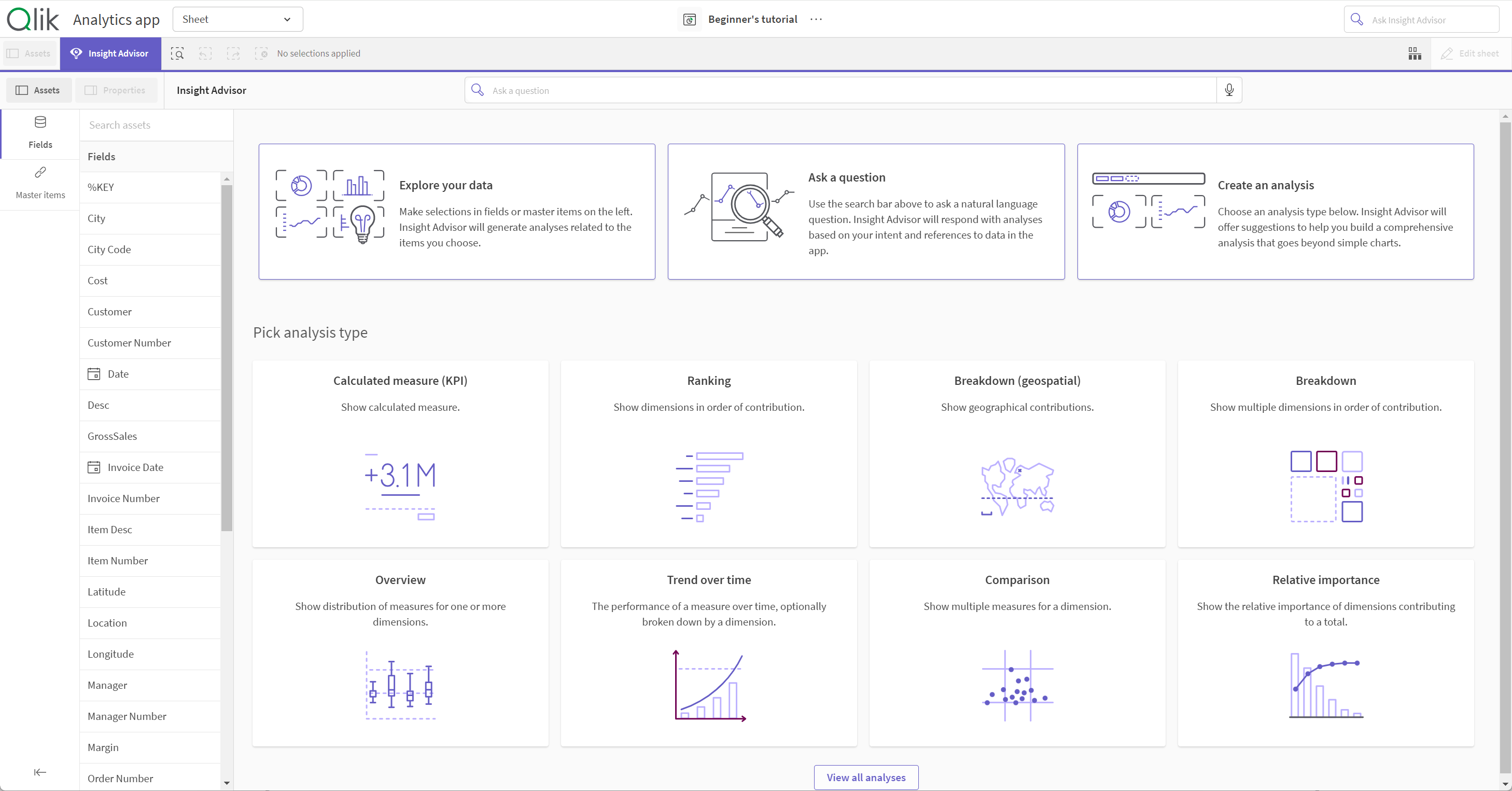 Insight Advisor ouvert dans une feuille