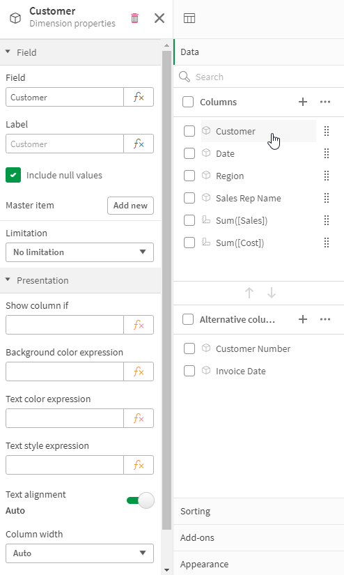 Panneau des propriétés lorsqu'un tableau simple est sélectionné.