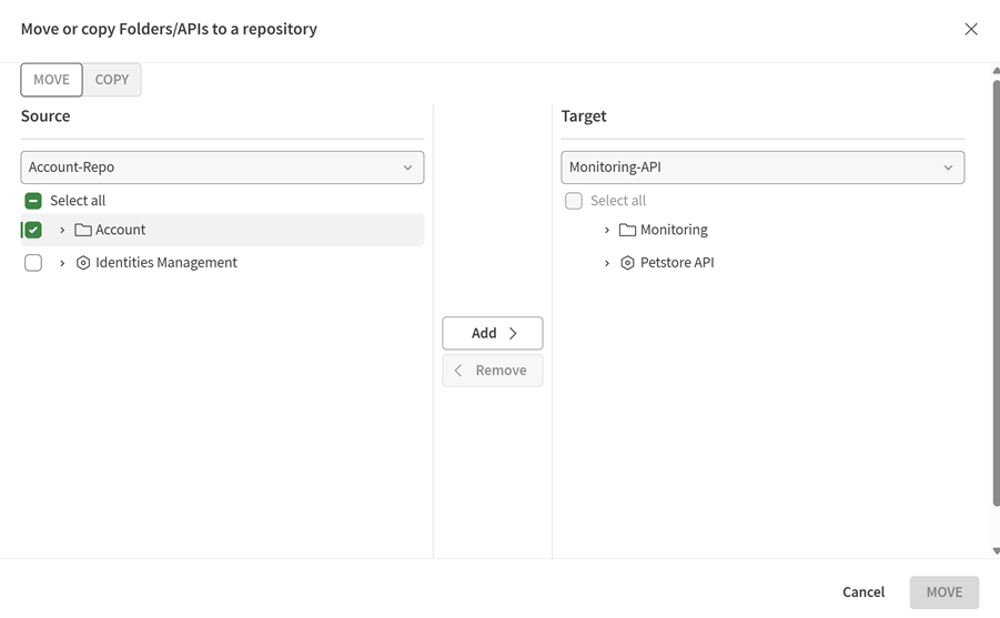 Finestra di dialogo Sposta o copia Cartelle/API in un repository, che mostra i pannelli Origine e Destinazione con i pulsanti Aggiungi e Rimuovi.