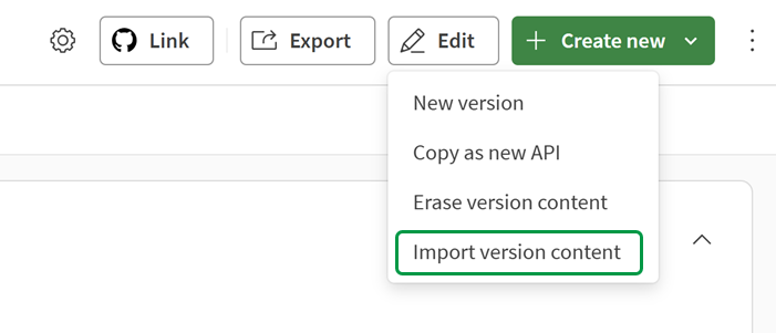Opzione Importa contenuto versione nell'editor della versione.