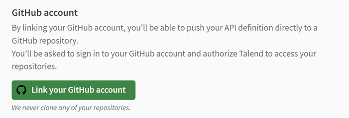 Sezione dell'account GitHub nelle impostazioni di API Designer.
