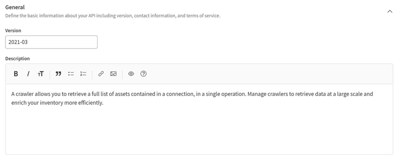 Quando si scrive la descrizione di un'API, ad esempio, la barra degli strumenti markdown appare nella parte superiore della casella di inserimento del testo.