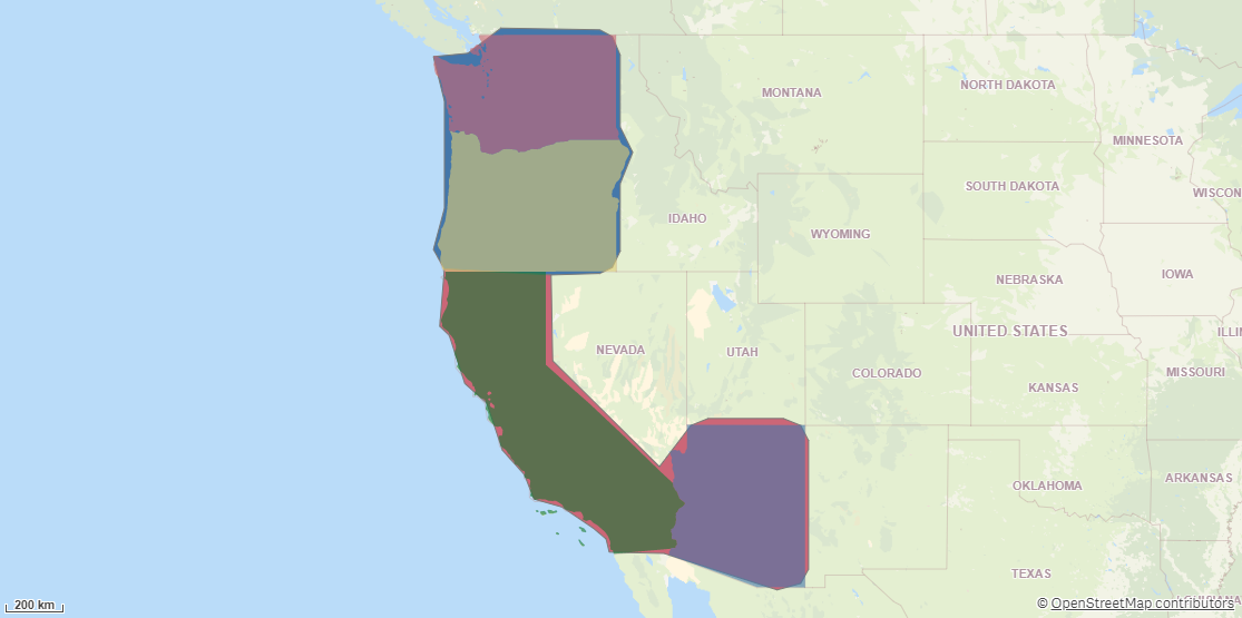 Una mappa che visualizza vari stati scomposti in aree semplificate.