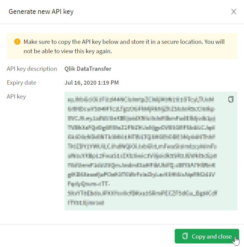 Schermata Riepilogo chiavi API