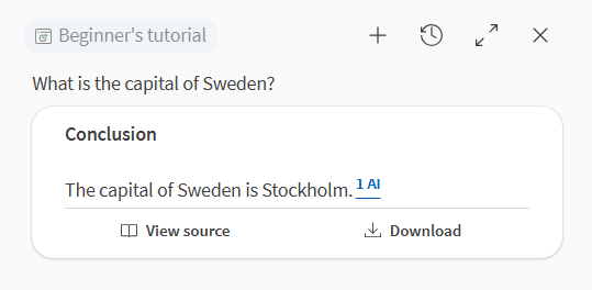 Fare clic per visualizzare a dimensioni complete La risposta alla domanda qual è la capitale della Svezia. C'è una citazione contrassegnata AI accanto alla risposta di Stoccolma.