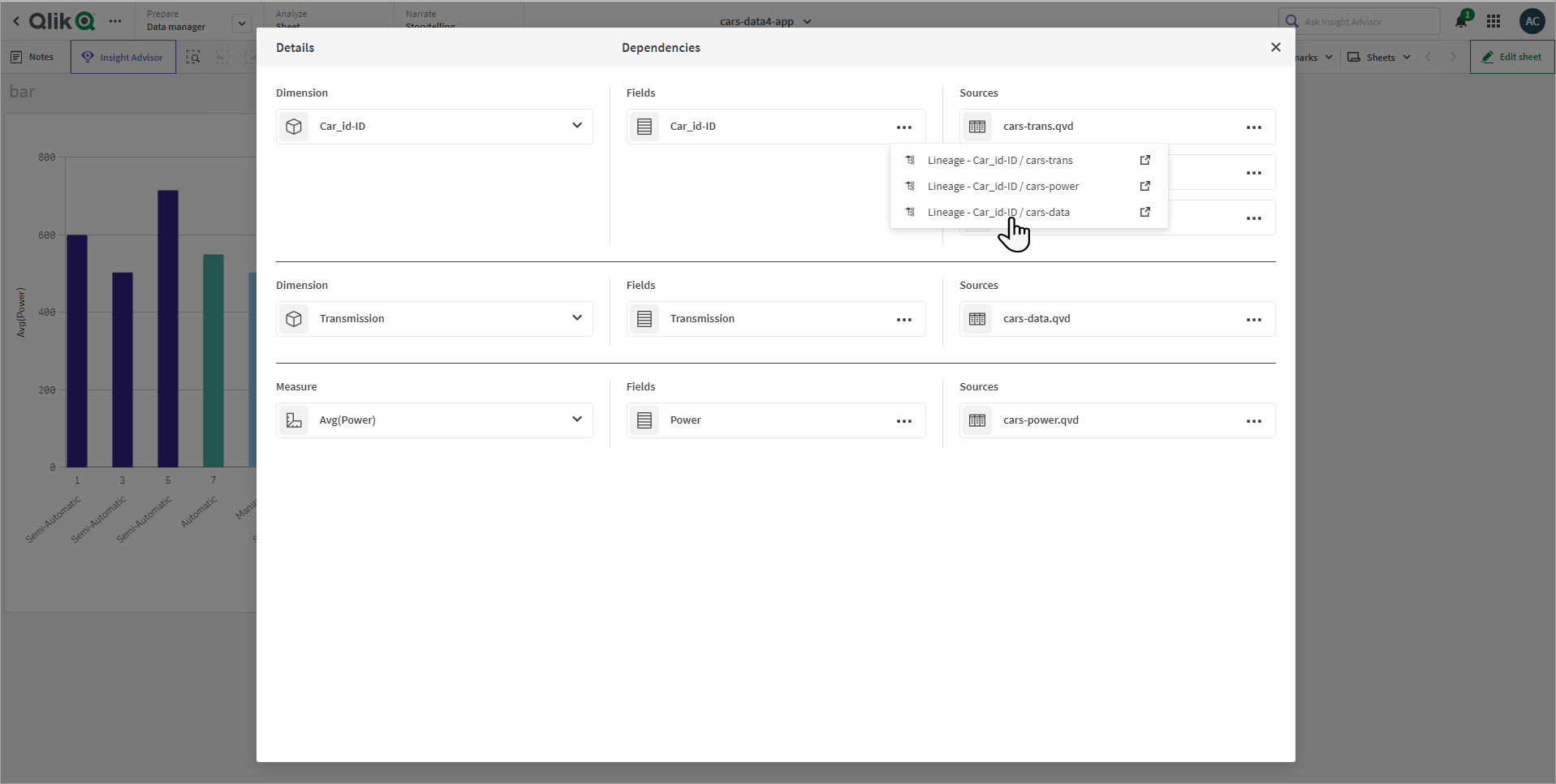 Selezionare il menu e quindi l'opzione per visualizzare la derivazione per una sorgente nella visualizzazione di riepilogo derivazione consumatore.