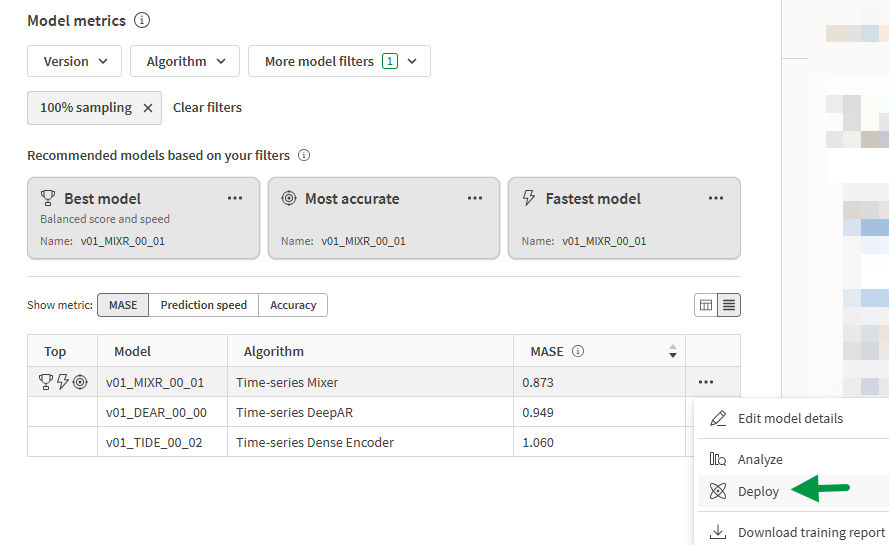 Selezionare l'opzione 'Distribuisci' per il modello scelto.