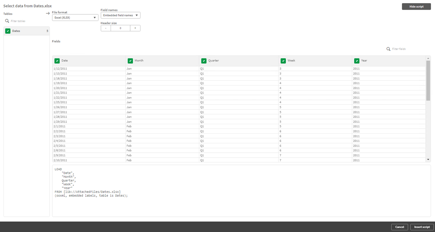 Finestra di anteprima dei dati per il file di dati Date.