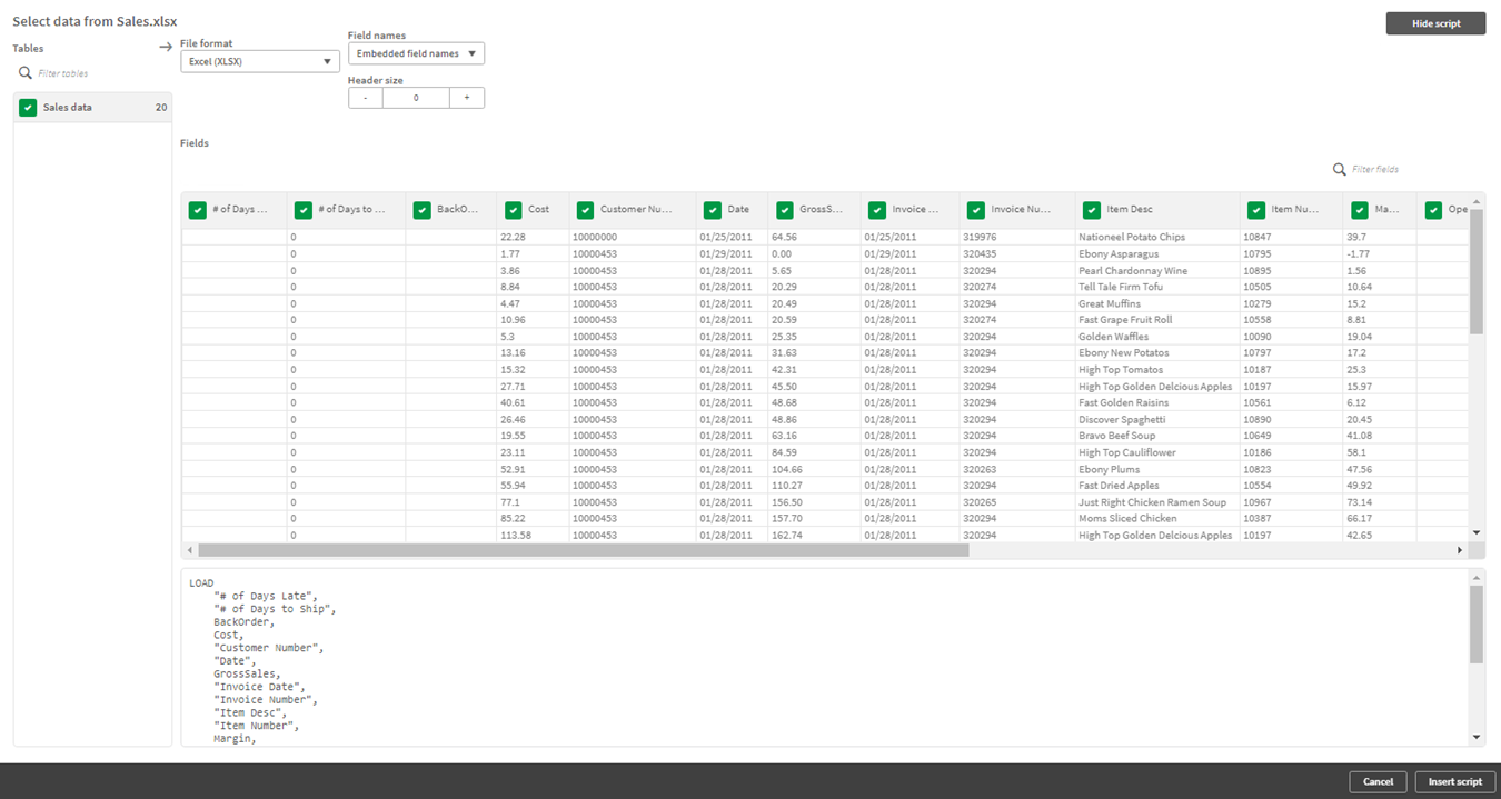 Finestra di anteprima dei dati per il file di dati Vendite.