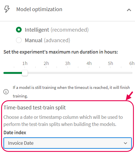 Pannello di personalizzazione dell'addestramento di AutoML con una colonna della data selezionata per attivare l'addestramento sensibile ai valori temporali