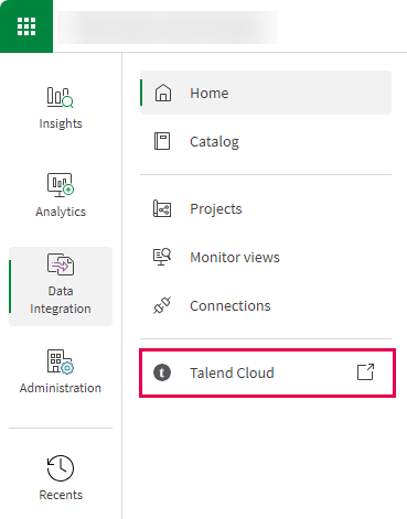 Menu di navigazione con la sezione Integrazione dati selezionata che mostra il collegamento a Talend Cloud.