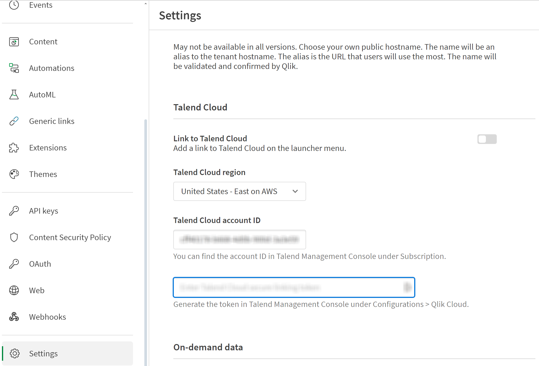 Il pannello Impostazioni con le impostazioni di Talend Cloud