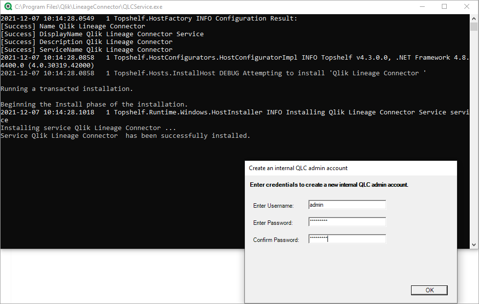 creazione di un account amministratore Qlik derivazione Connector inserendo le credenziali amministratore