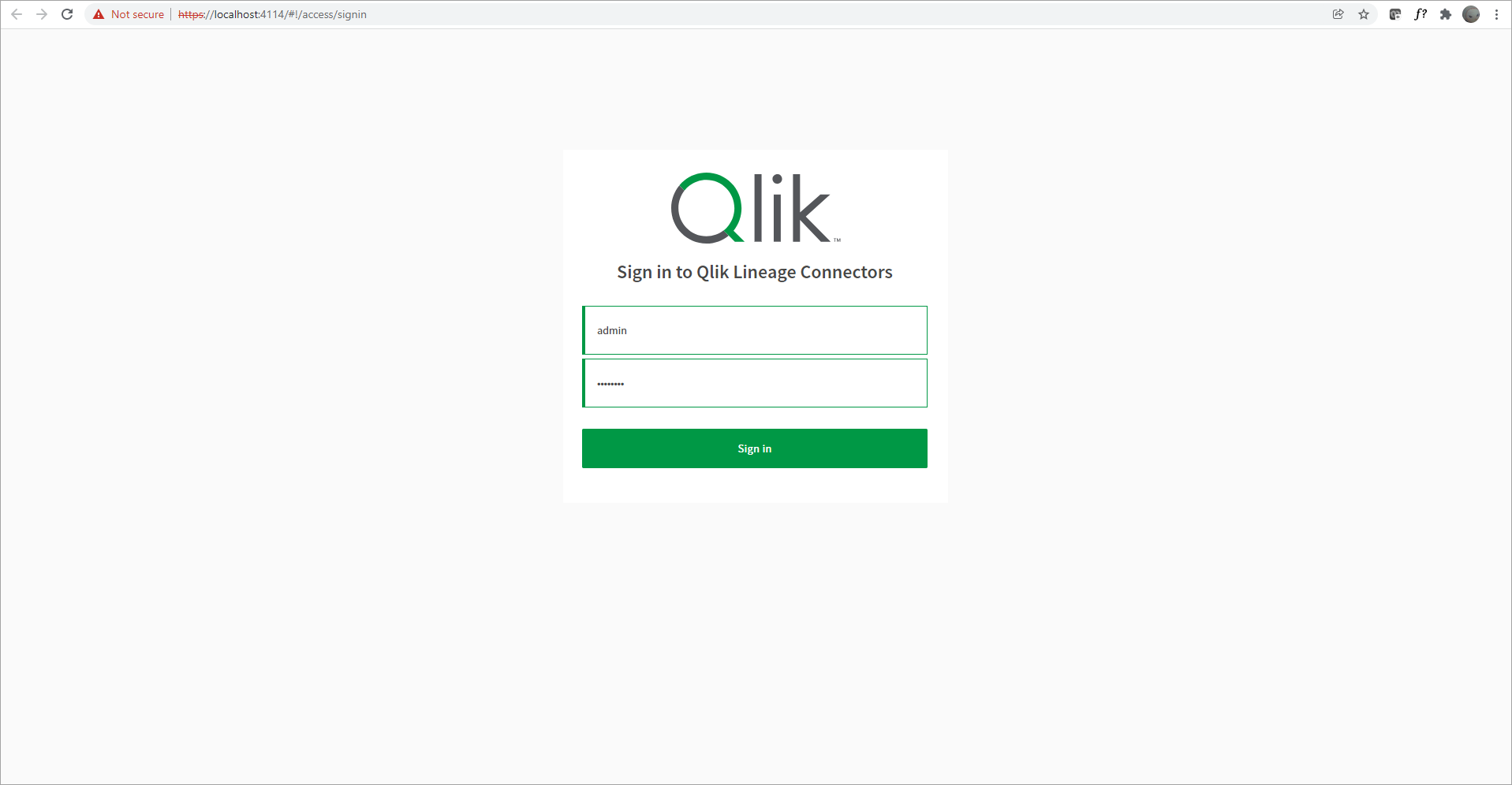 accesso alla pagina web di Qlik derivazione Connector con le credenziali amministratore