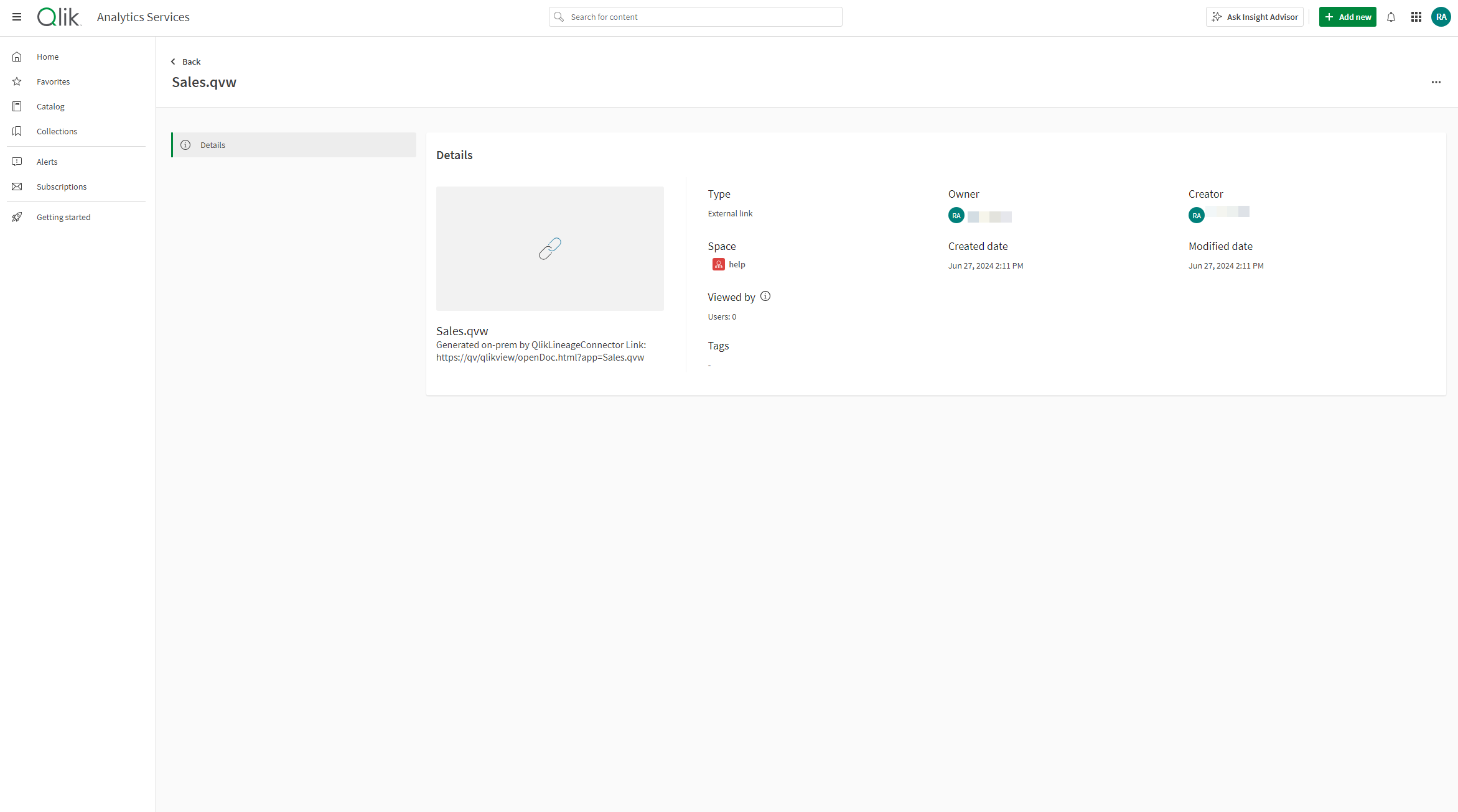 Visualizzazione dei dettagli collegamento nel servizio Qlik Catalog