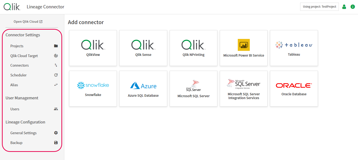 Pannello componenti Qlik Lineage Connectors