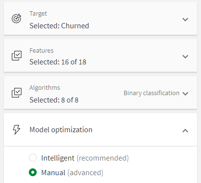 Pannello di configurazione dell'esperimento con l'ottimizzazione intelligente del modello disattivata