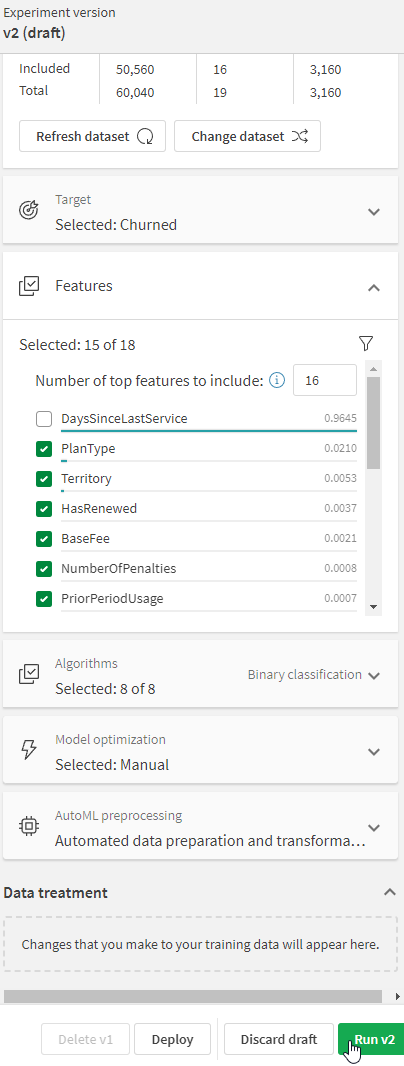 Il pannello di configurazione dell'esperimento che mostra la configurazione della versione v2.