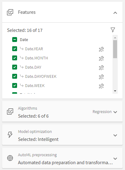 La sezione Funzioni nel pannello di configurazione dell'esperimento, che mostra le Funzioni con ingegneria automatica.