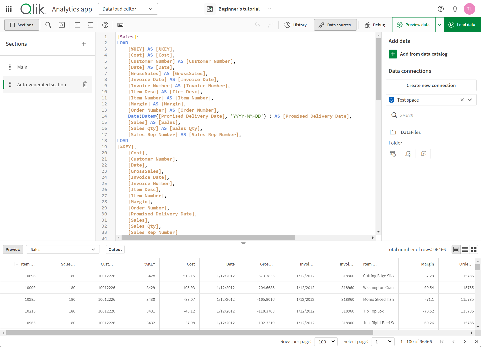 Editor caricamento dati nell'app Qlik Cloud.