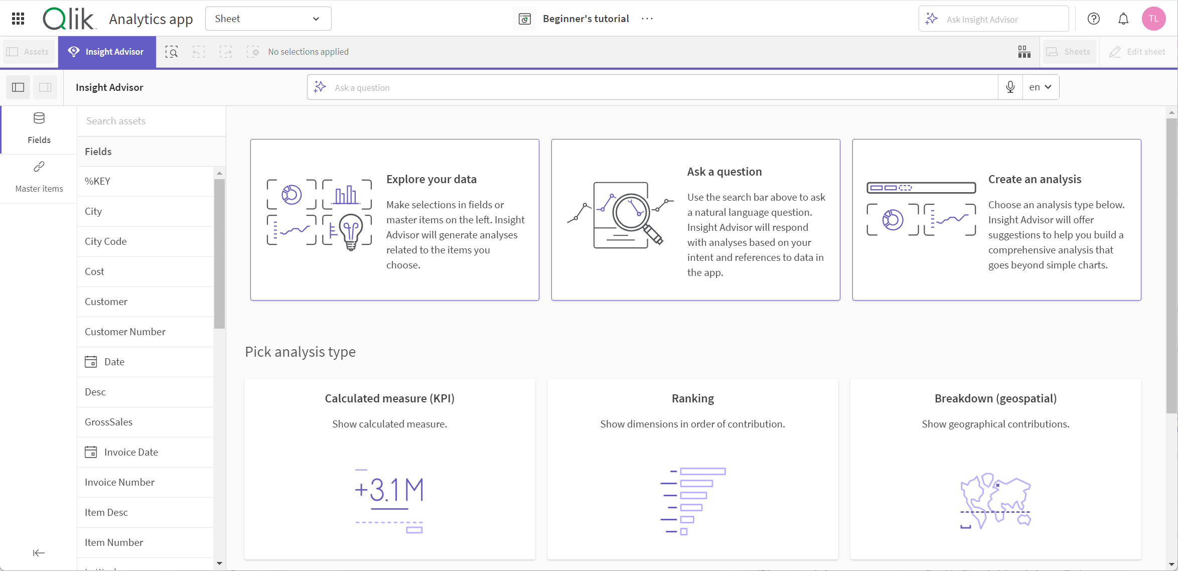 Apertura di Insight Advisor in un foglio