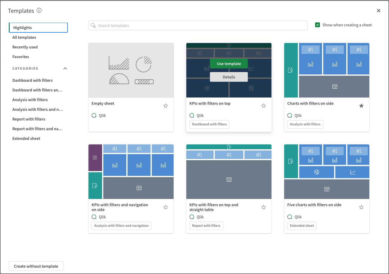 Selettore per i modelli di fogli predefiniti in un'app analitica