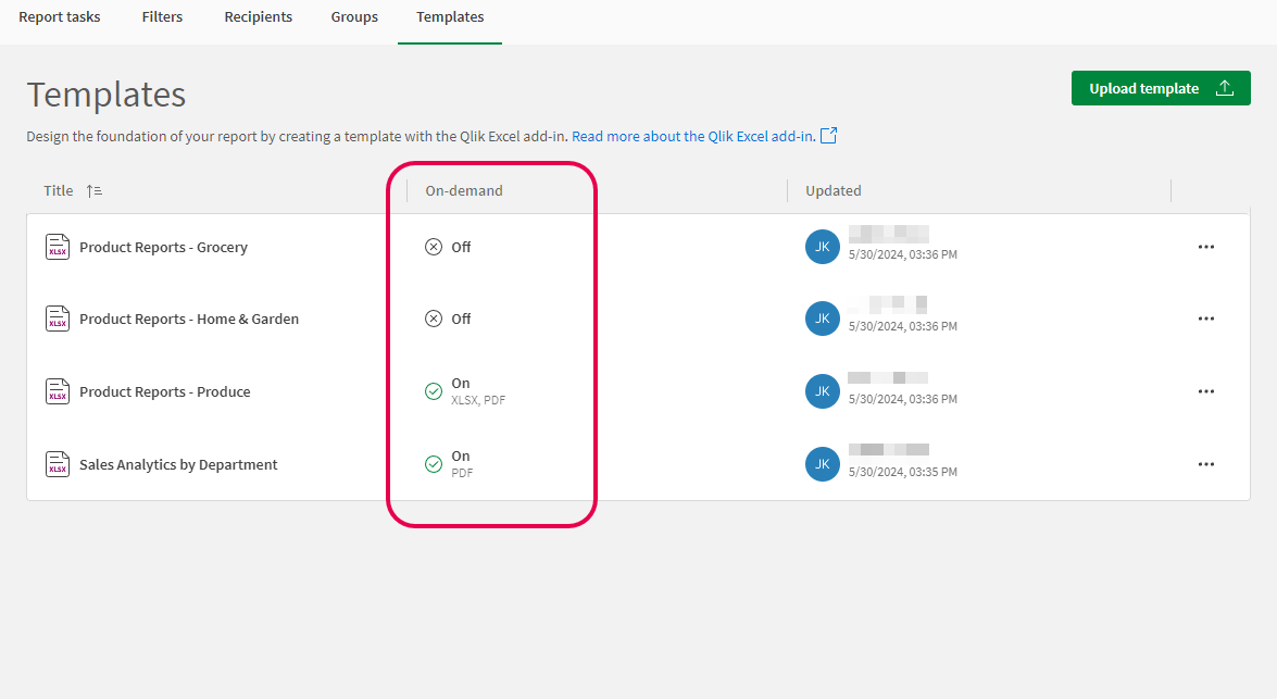 Colonna 'On-demand' nella scheda 'Modelli' della sezione Reportistica di un'app Qlik Sense, che mostra i modelli con diverse impostazioni on-demand (on con PDF e XLSX, on con solo PDF e off)