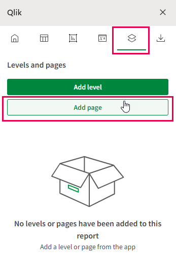 La scheda 'Livelli e pagine' nel componente aggiuntivo per Excel, dalla quale è possibile aggiungere/modificare livelli e pagine esistenti aggiunti in precedenza, o di aggiungerne di nuovi