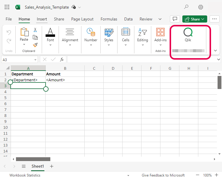 Barra multifunzione in Microsoft Excel che mostra l'icona del componente aggiuntivo di Qlik che indica che il componente aggiuntivo è stato attivato