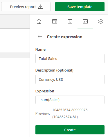 Creare un'espressione utilizzando lo strumento di progettazione HTML, definendo un nome, una descrizione e un'espressione (calcolo)