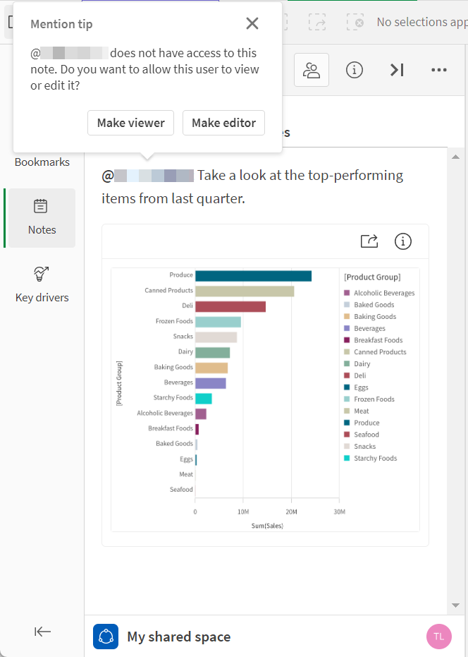 Finestra di dialogo pop-up che appare per gli utenti menzionati che non dispongono di accesso alla nota, la quale permette all'utente di fornire loro l'accesso di visualizzazione o come coautori.