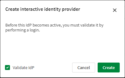 Finestra di dialogo di conferma con l'opzione Convalida IdP selezionata